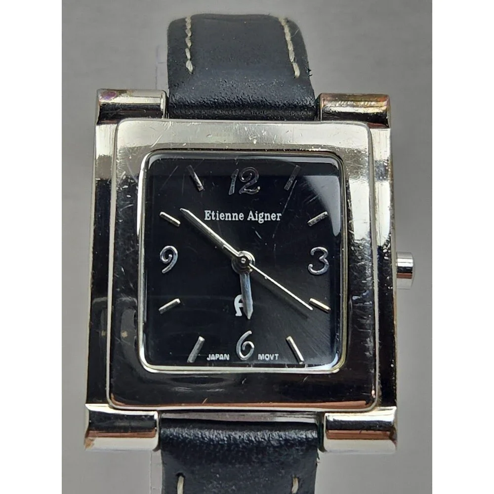 Vintage Etienne Aigner Womens Silver Black Dial Leather Quartz Watch New Battery